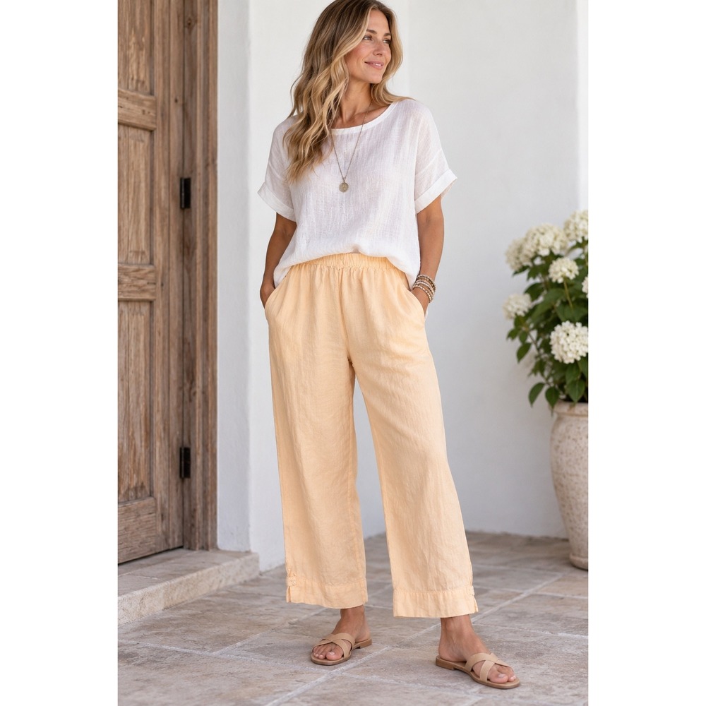Willow Womens XL yellow 100% Linen Wide Leg Elastic Waist Crop Pants Made in USA